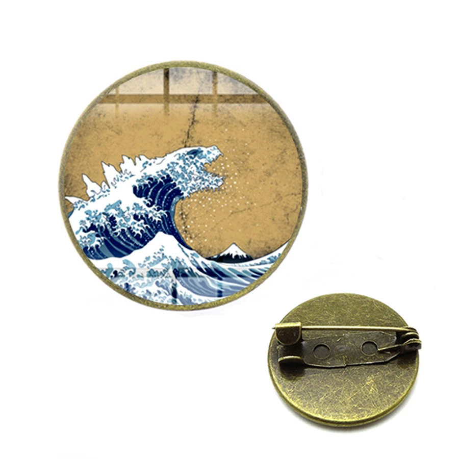 Классическая картина серфинг Kanagawa броши японская Ukiyo e Art синяя морская волна 3D