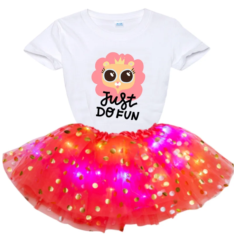 T Shirt+Glowing Skirts Set Kids Mesh Miniskirts Girls Princess Stars Glitter Dance Ballet Tutu Sequin Party Girl Glowing Skirt
