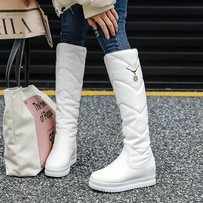 White 20 HTUUA/теплые плюшевые зимние сапоги; женская обувь, увеличивающая рост, без застежки; высота платформы по колено; зимние сапоги; женская обувь; цвет черный, белый; SX3234 - Цвет: White 20