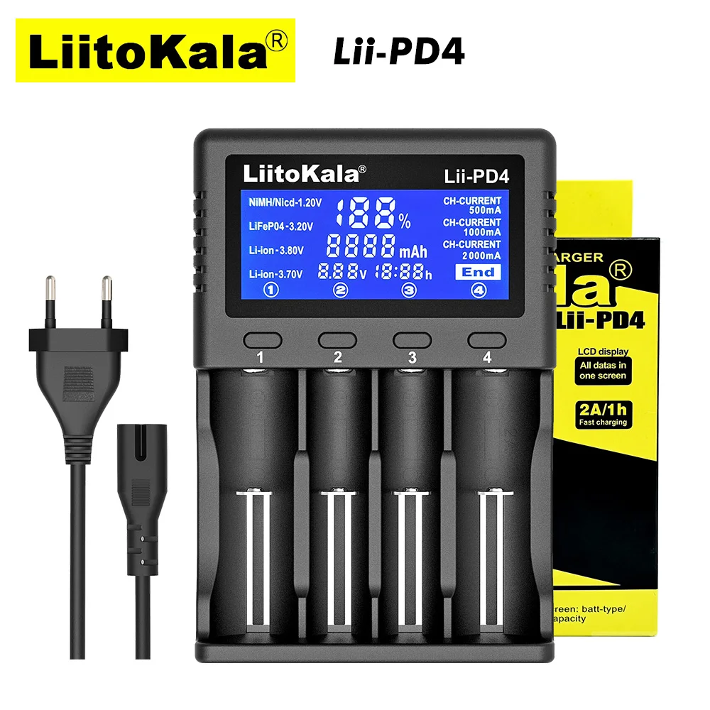 Умное зарядное устройство LiitoKala Lii-PD4, умное зарядное устройство с 4 слотами для аккумуляторов, ЖК-дисплей, для никель-металлогидридных аккумуляторов - изображение