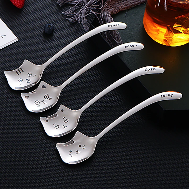 

4pcs 304 Stainless Steel Spoons Cute Cat Shape Teaspoon for Coffee Ice Cream Scoop Tableware Dessert Spoon Gift Laser Engraving