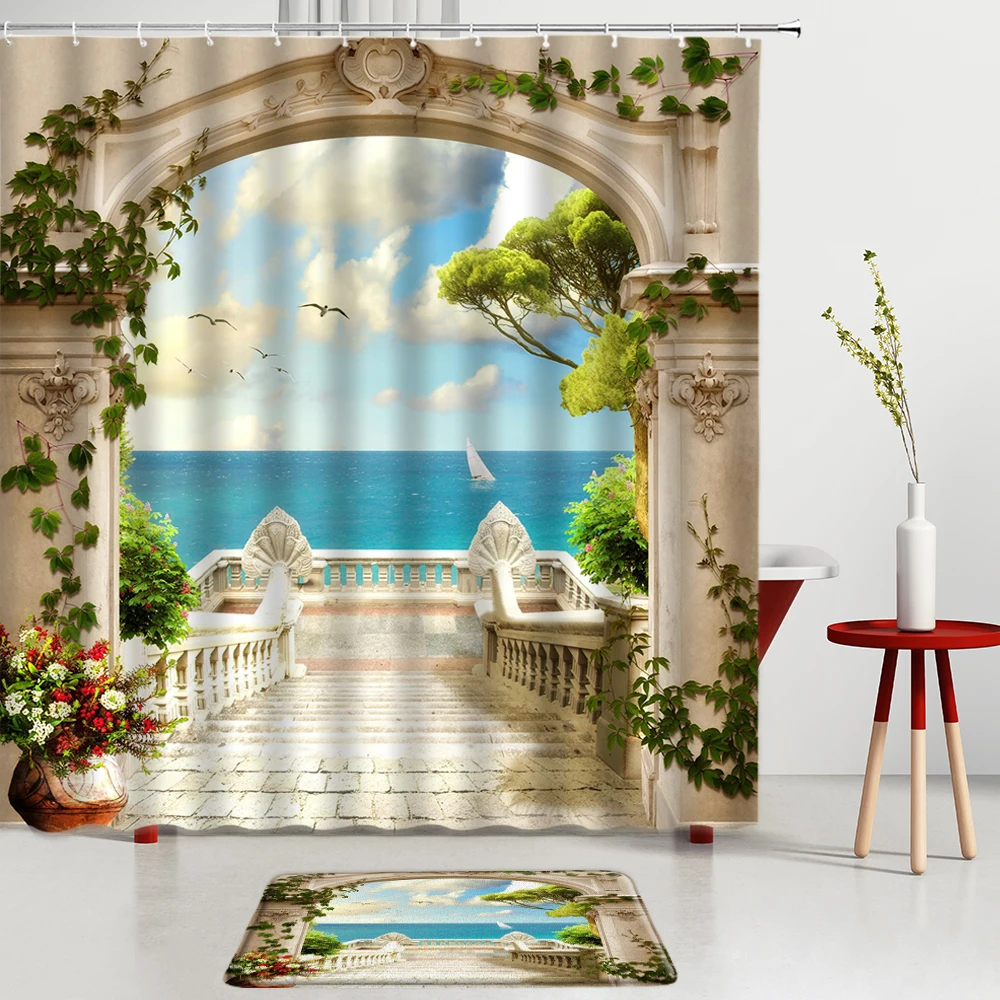 Занавески для душа с видом на море набор зеленых растений и цветов настенные