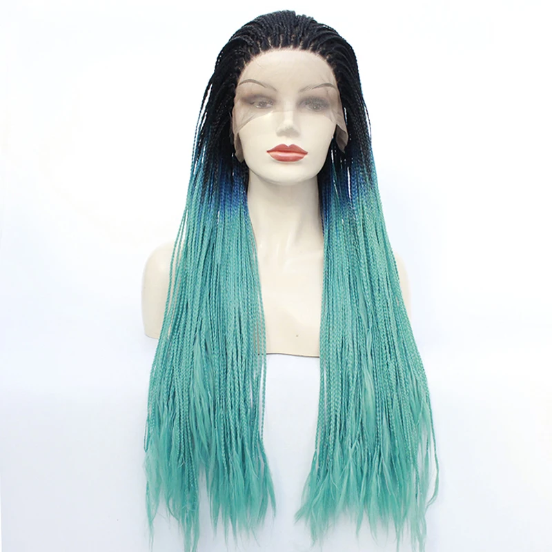 

Braided Lace Front Wigs 1b Black Blue Green Three Tone Ombre Glueless Braided Synthetic Wigs Heat Resistant Bariding Lace Wigs