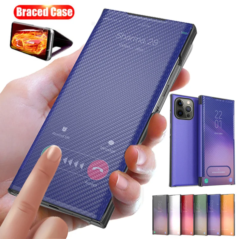 

Carbon Fiber Flip Mobile Phone Case Luxury Window Case for Apple iPhone 13 11 12 Pro Mini Max XR X XS Max SE 2020 8 7 6 6S Plus
