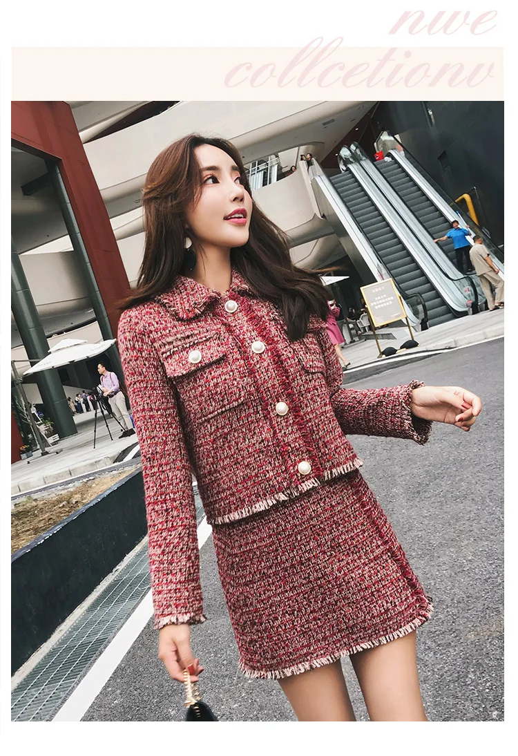 Women Skirt Sets Winter Europe Ladies Tassel Woolen Tweed Jacket+ Short Skirt Suits Elegant Two Piece Womens Clothing Sets