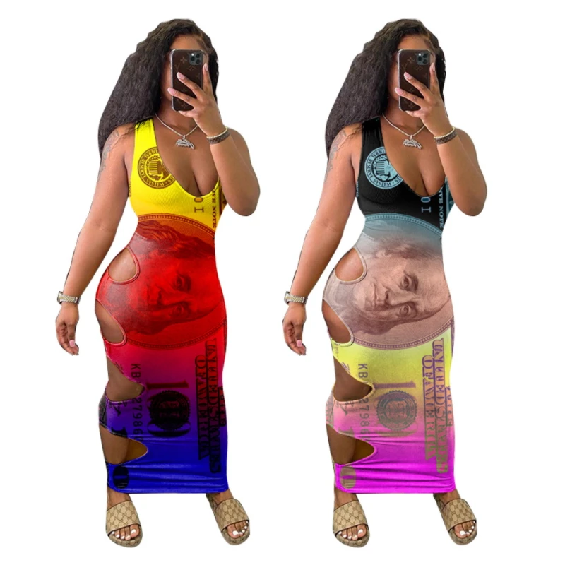 

Gradient Color Green Backs Printed Bodycon Bandage Dress Hole Cut Out Sundress Cartoon Sexy Vestidos Largos Robe Tight Fit Tank