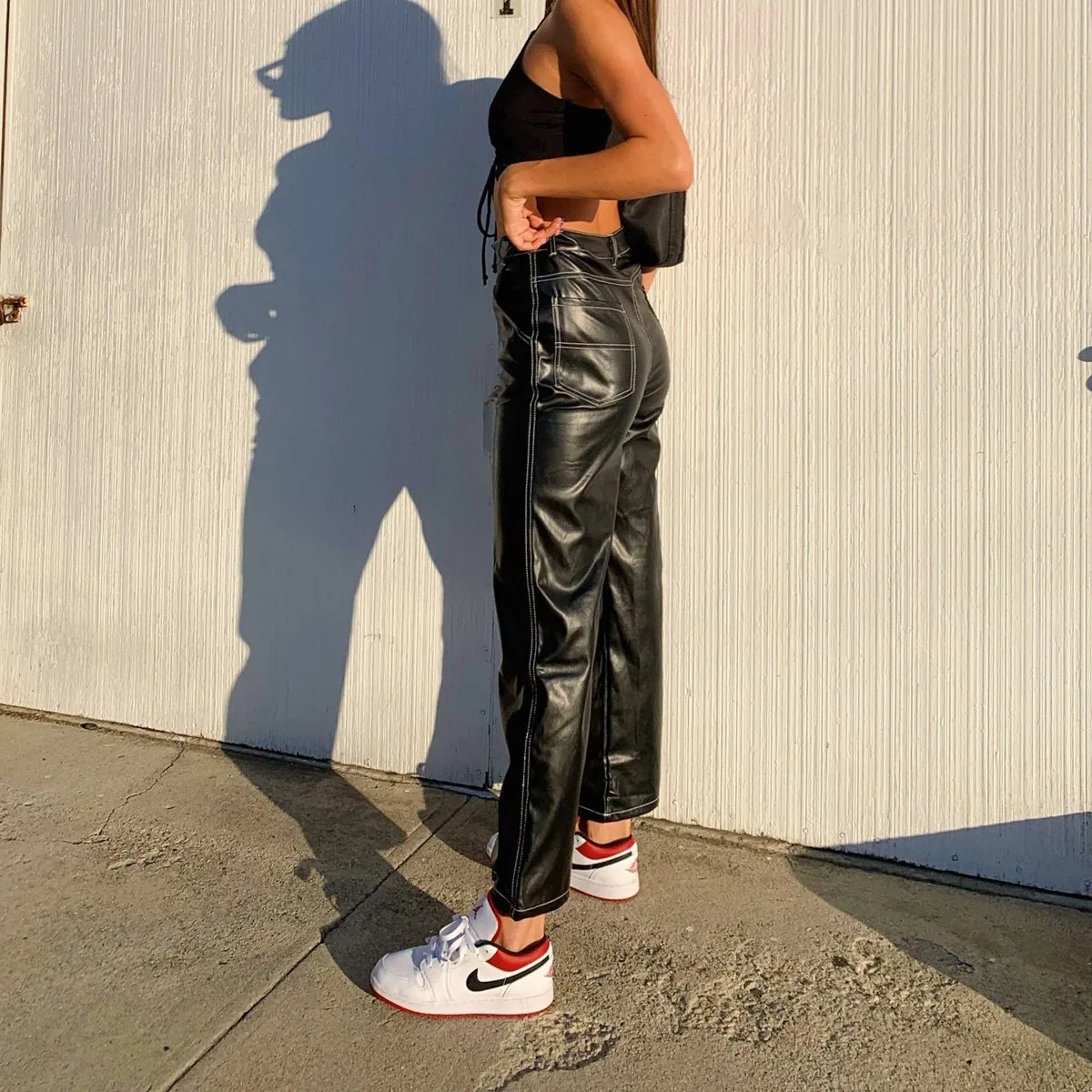 Женские кожаные брюки из ПУ кожи с завышенной талией