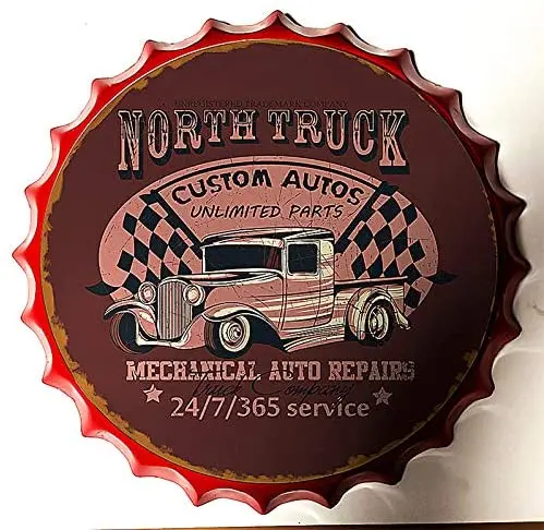 

Retro Sign Car Repair Bottle Caps Retro Metal Tin Sign Diameter 13.8 Inches - Home Decor Bar Plaque Lounge Man Cave Garage Decor
