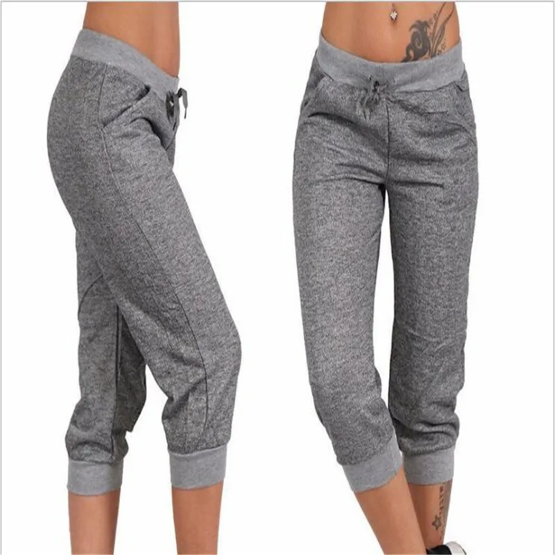 

Fashion Sports Loose Calf Length Pants Women Casual Pure Color With Pockets High Waist Sportwear Pants Ladies Training Trousers