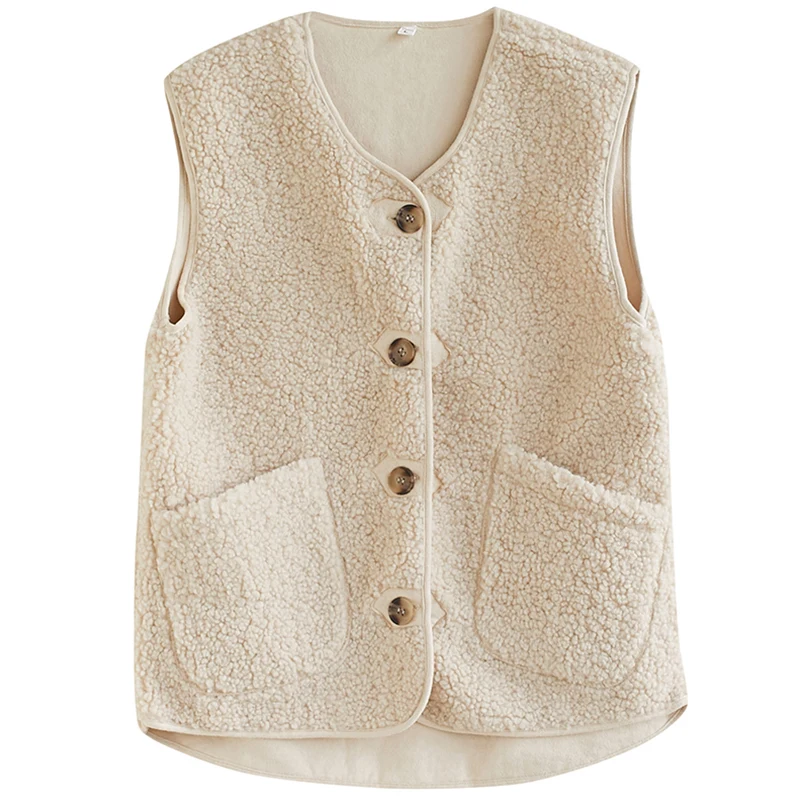 

Winter Fall Fashion Women O-Neck Sleeveless Double Pockets Solid Color Vest Office Lady Korean Style Loose Casual Wool Waistcoat