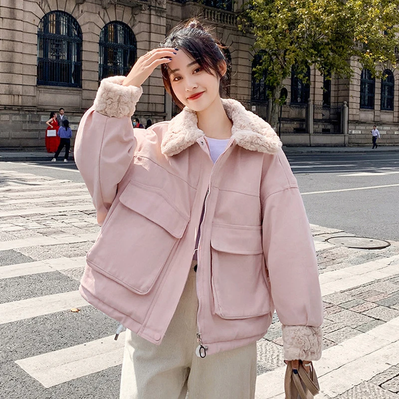 Женское пальто из овечьей шерсти черное Свободное с воротником-стойкой в