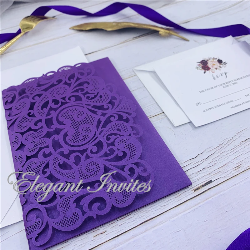 The Modern Touch-Plum Laser Cut Pocket Fold With Floral And Geometric Invitation with envelop free shipping | Дом и сад
