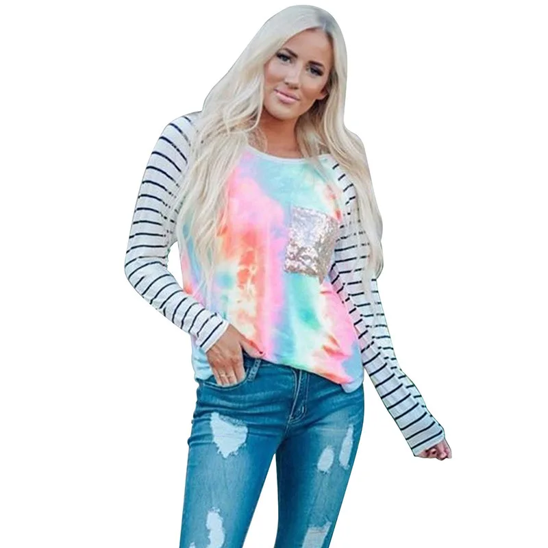 

Shiying women autumn new loose striped stitching long sleeve round neck ladies