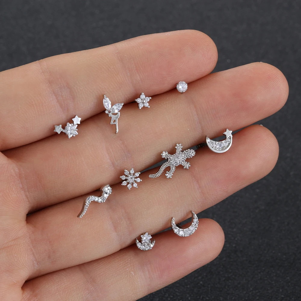 Серьги гвоздики из нержавеющей стали 20G с фианитами Змея Ящерица геккон цветок