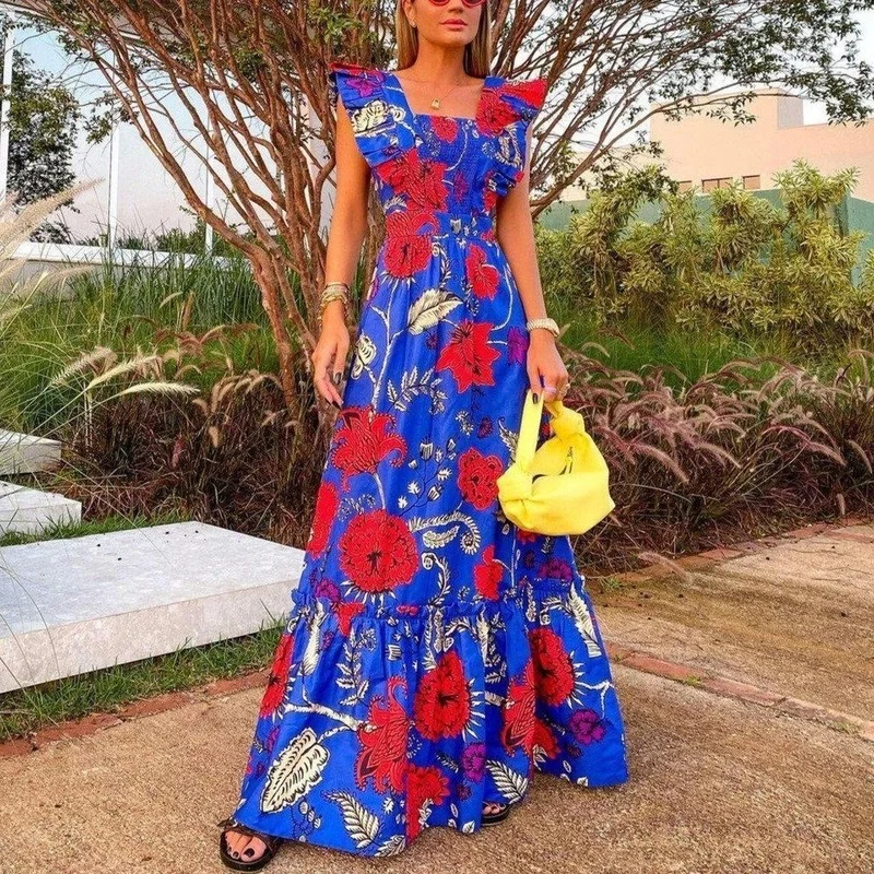 

Fashion Women's 2021 Autumn and Summer New Retro Square Neck Bohemian Beach Wind Printed Flower Mopping Dresses for Women Party