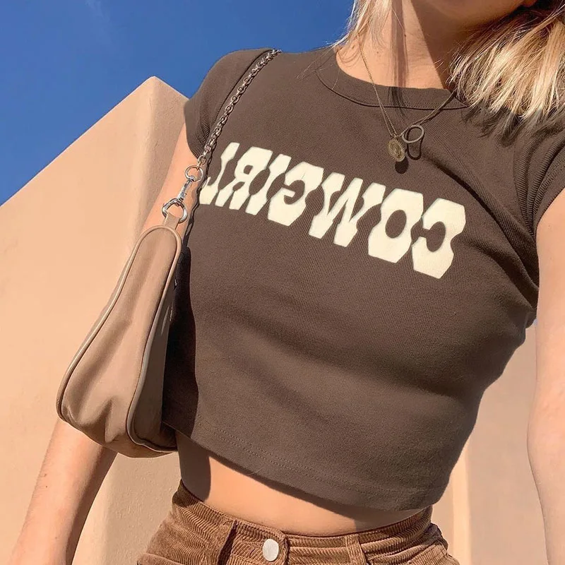 

2021 Vintage Letter Print Sexy Crop Tops Women Casual Short Sleeve Cotton Pullover Tees Summer Slim Streetwear T-shirt gift 112