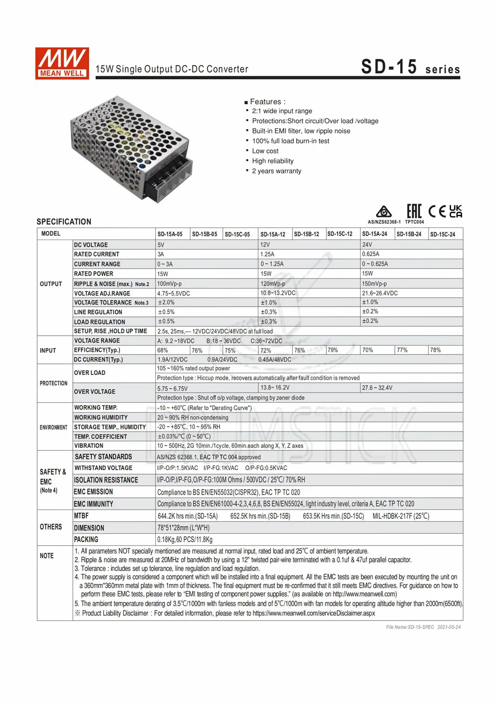 Бренд MEAN WELL представляет SD-15A-12 12V 1.25A meanwell SD-15 напряжение 15 Ватт Выход DC-DC конвертер