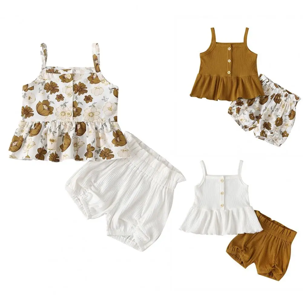 Las ni&ntilde;as Tops Color s&oacute;lido pozo rayas pantalones ni&ntilde;as Floral Tops estampados traje de pantalones cortos para vacaciones-4