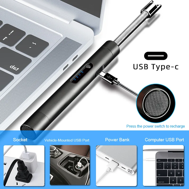 Type-C USB Rechargeable Electronic Candle Lighter Windproof Arc Battery Replaceable Power display for BBQ Outdoor Indoor | Дом и сад