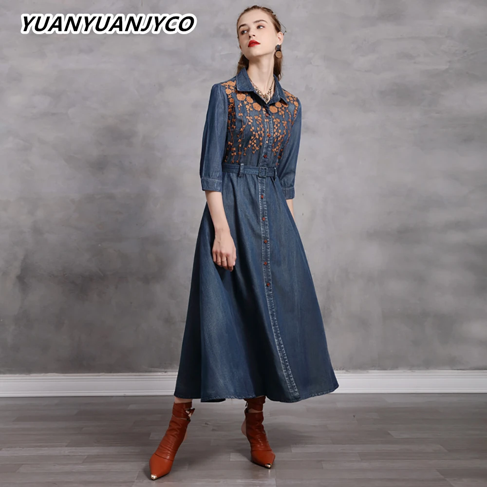 

YUANYUANJYCO Spring Autumn Women Ankle-Length Indie Folk Denim Dresses LYQ11 Vintage High Waist Embroidery Floral Long Clothes