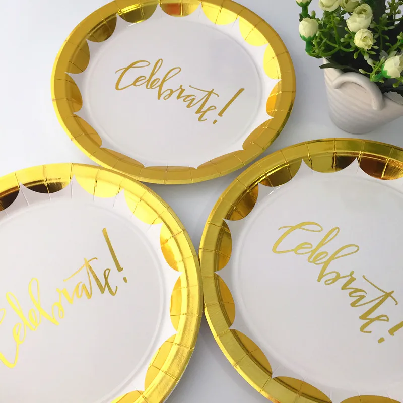 Бесплатная доставка 32 шт Круглые 9 &quotбумажные тарелки из фольги золотые ярко