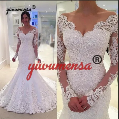 As the model Свадебное платье русалки, Robe de mariage, сексуальное свадебное платье с v-образным вырезом, Vestido de noiva, с аппликацией, с длинным рукавом, платье для невесты - Цвет: As the model