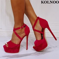kolnoo real pictures ladies high heels platform sandals cross buckle strap peep toe summer evening fashion daily wear red shoes