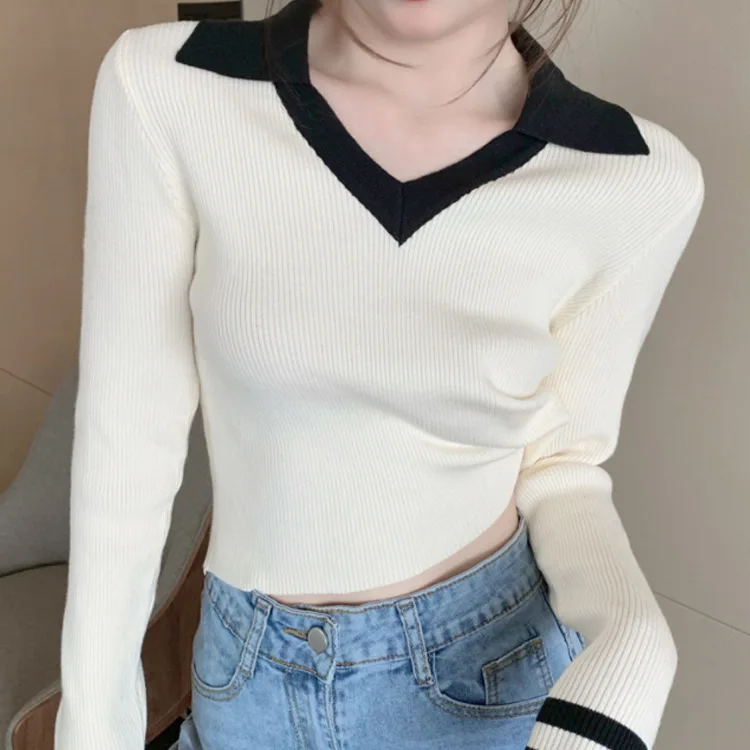 

Autumn new style fashion temperament lapel long-sleeved sweater western Black