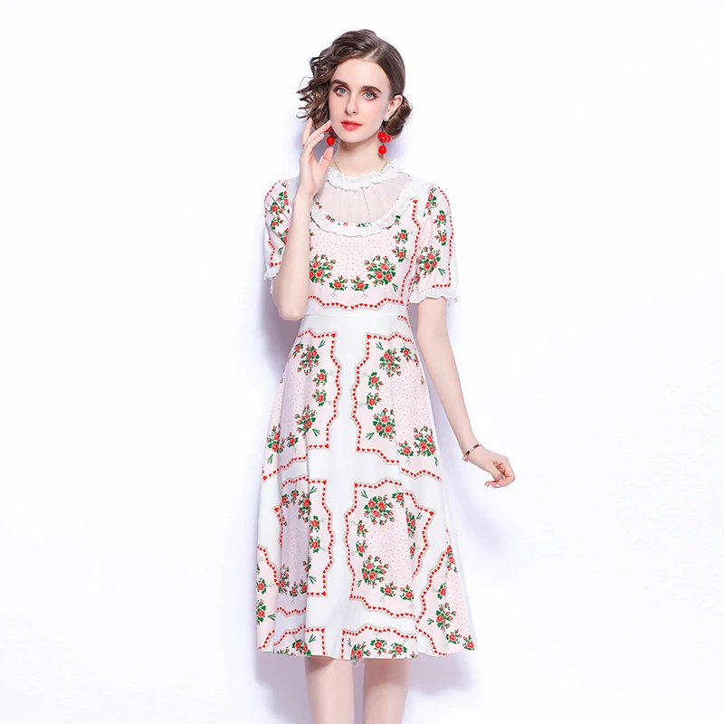 

Merchall 2021 Summer Fashion Runway Elegant Vintage Dress Women Ruffled Neck Short Sleeve Floral Print Party Vestidos M62044