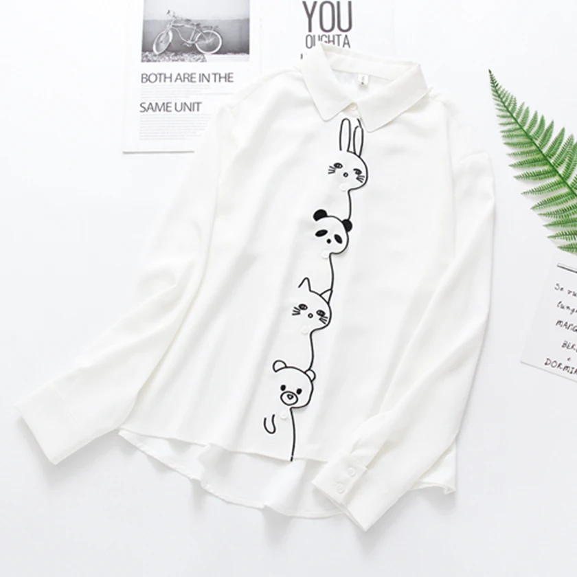 Женская хлопковая белая рубашка с вышивкой в виде кролика панды кошки медведя