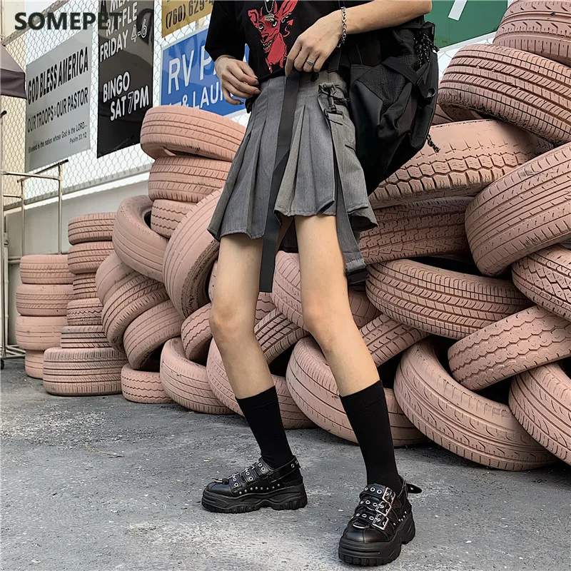

Gothic punk high waist Vintage new casual fashion women pocket summer hip hop Harajuku A-Line Cargo Plain pleated skirt