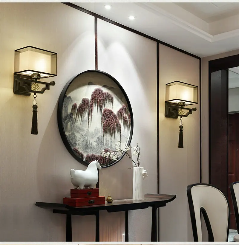 

Traditional Chinese Vintage Bedside Lamp Embroidery Fabric Lamp Shade LED E27 Metal Sconce Wall Lights Hallway Lights