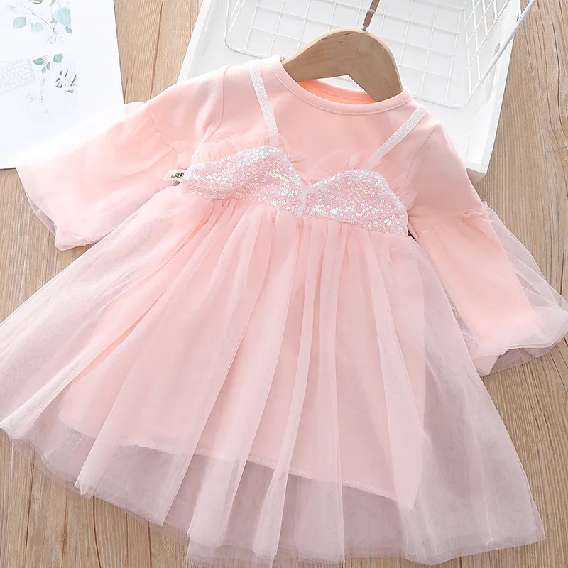 

Girls' Knitted Dress Autumn Long Sleeve Print Dresses Party Mesh Stitched Princess Dress