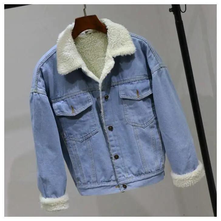 Light blue 2 Осенне-зимняя Вельветовая Базовая джинсовая куртка-бомбер из овечьей шерсти Женская куртка с длинными рукавами Повседневная однобортная джинсовая куртка - Цвет: Light blue 2