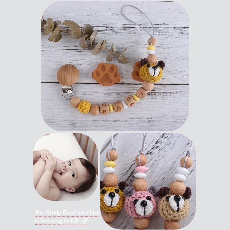 

OOTDTY 5Pcs Handmade Crochet Woolen Cartoon Animal Head Pig Bear Frog Baby Teething Soother DIY Pacifier Clip Chain Accessories