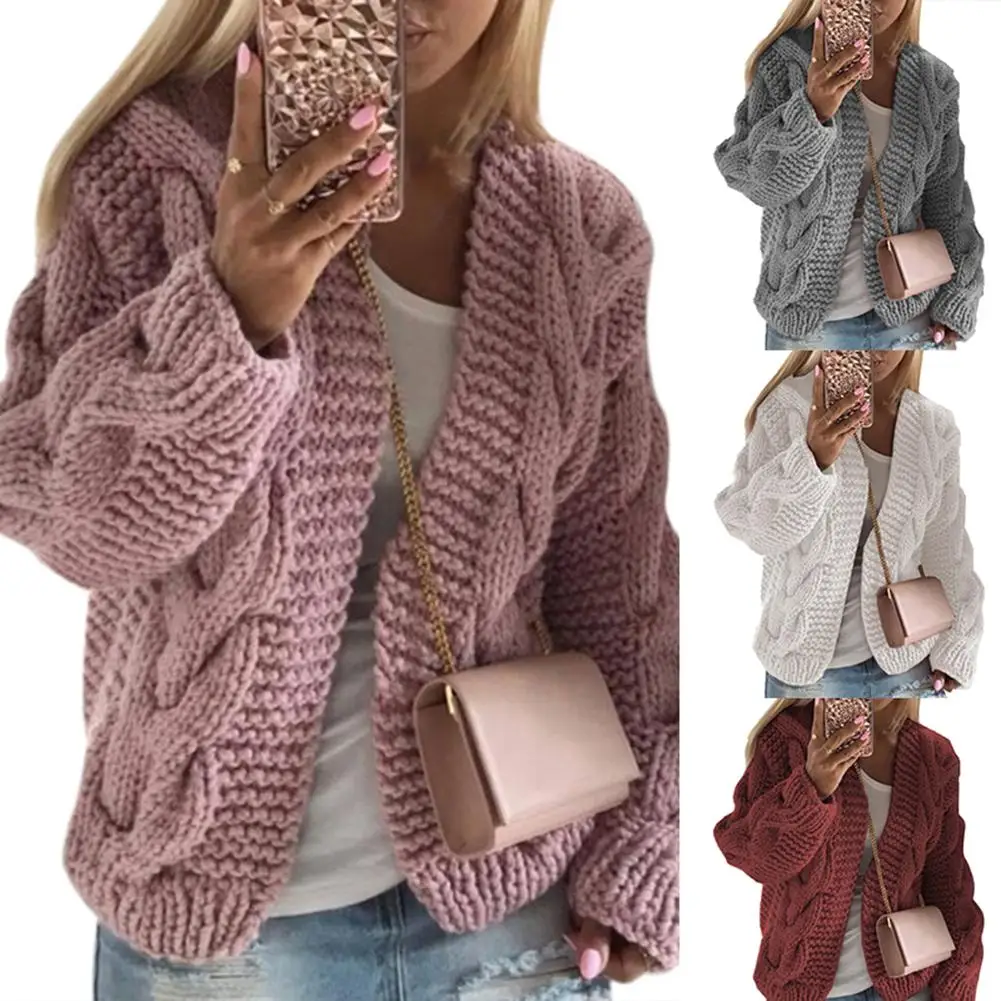 

cardigan sweater crop top Casual Autumn Winter Solid Color Braid Knitted Sweater Jacket Cardigan Women's Clothing Black xl