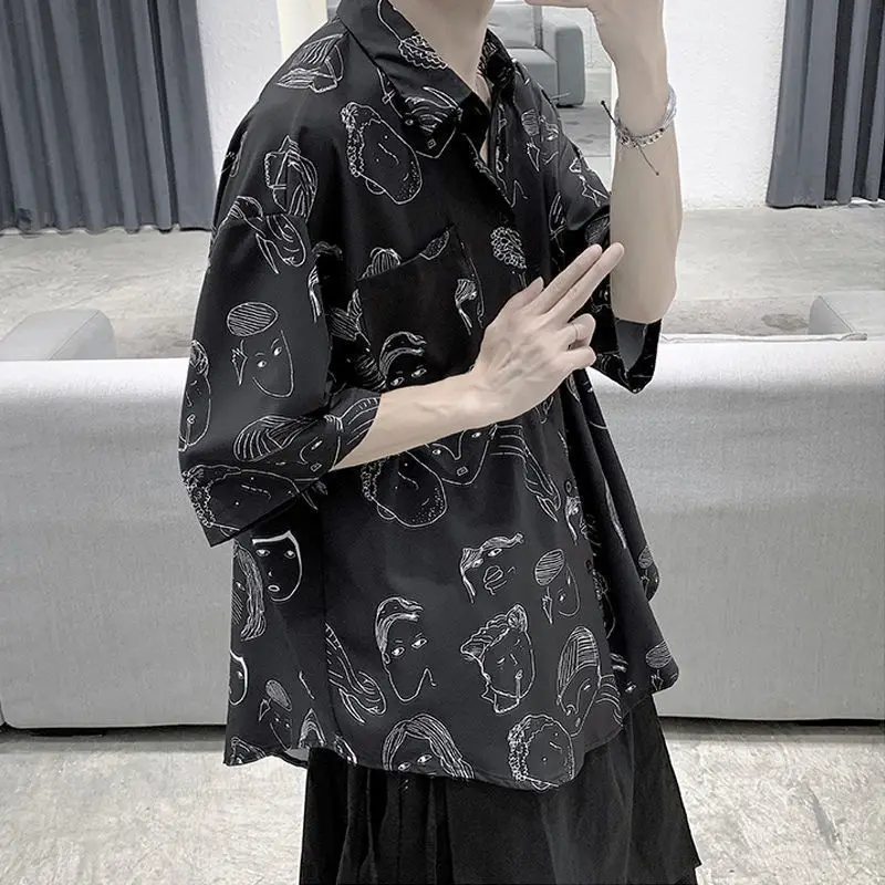 Loose Oversized Summer Arrival Men Shirts Silk Thin Section Trend Handsome Casual Loose Hong Kong Style All-match Shirt Printed