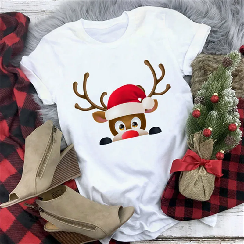 

2020 Women Santa Claus Merry Christmas Reindeer White T-shirt Girl Harajuku Short Sleeve Tee Female 90S Clothes