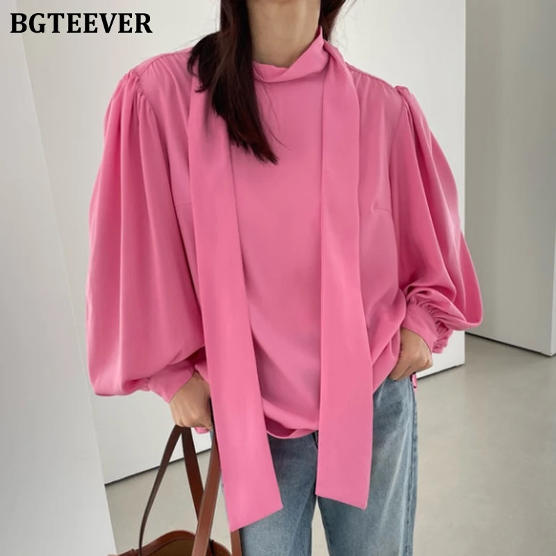 

BGTEEVER Stylish Chic Loose Stand Collar Lace-up Women Shirts Long Sleeve Female Solid Blouses Tops 2022 Spring Blusas Femme