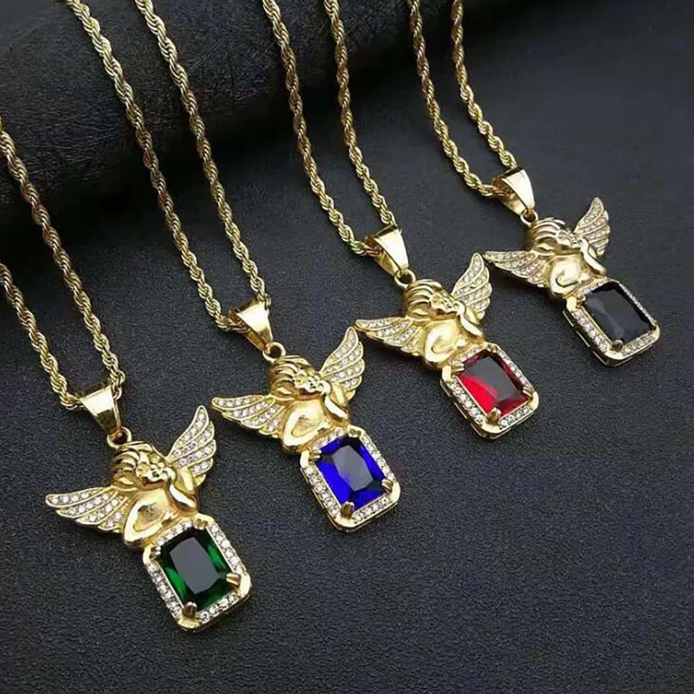 Подвеска из нержавеющей стали в стиле хип-хоп с золотыми крыльями ангела