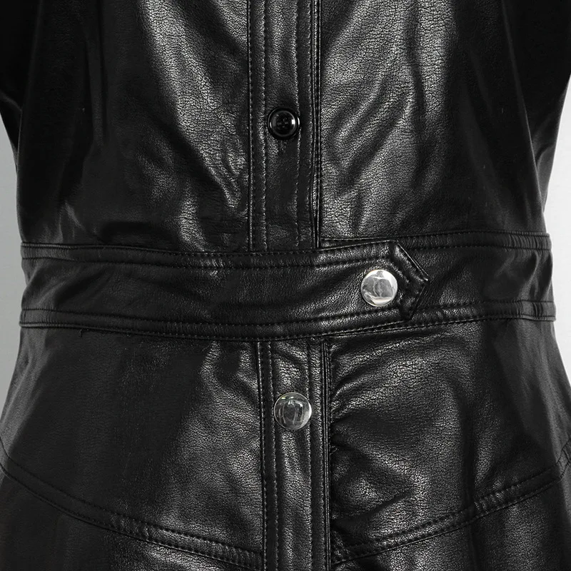 

Winter 2020 New Stylish Temperament Streetwear Handsome Lapel Single Breasted Short Sleeve Sashes PU Leather Dress Bb78