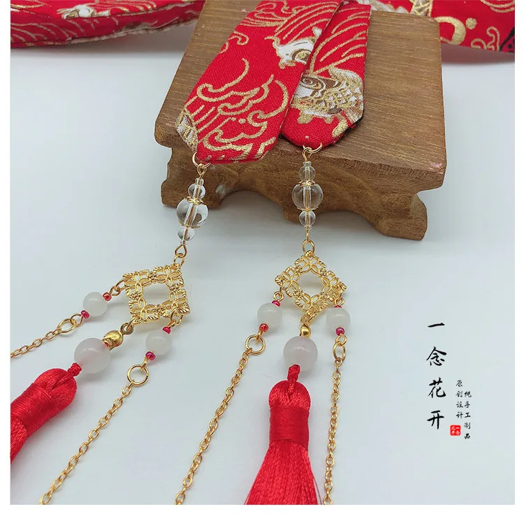 

Wei wuxian Men and Women Hanfu ancient style hairband Gold stamping Fairy Crane koi Embroidery Tassel Ribbon Hair Rope Headwear