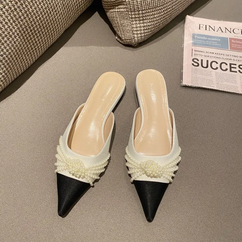 

String Bead Loafers Shoes Woman 2021 Cover Toe Slippers Flat Multicolored Sandals Luxury Slides Pantofle Designer New Pointed Ro