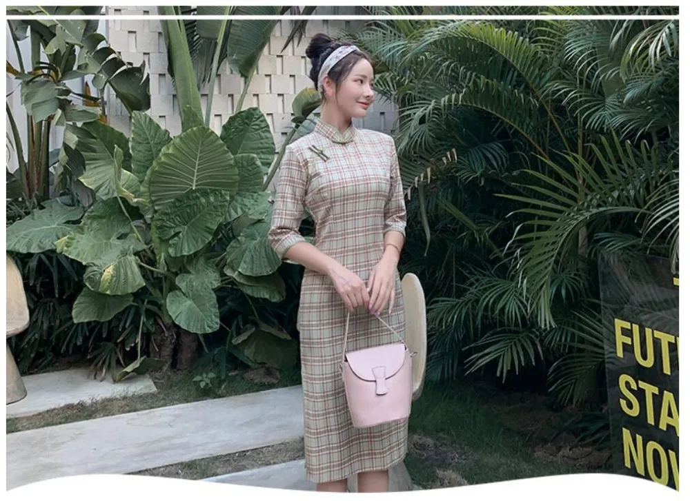 Осень китайский cheongsam qipao женское сексуальное платье с разрезом Женская традиционная одежда винтажная клетчатая qipao красный синий 3XL