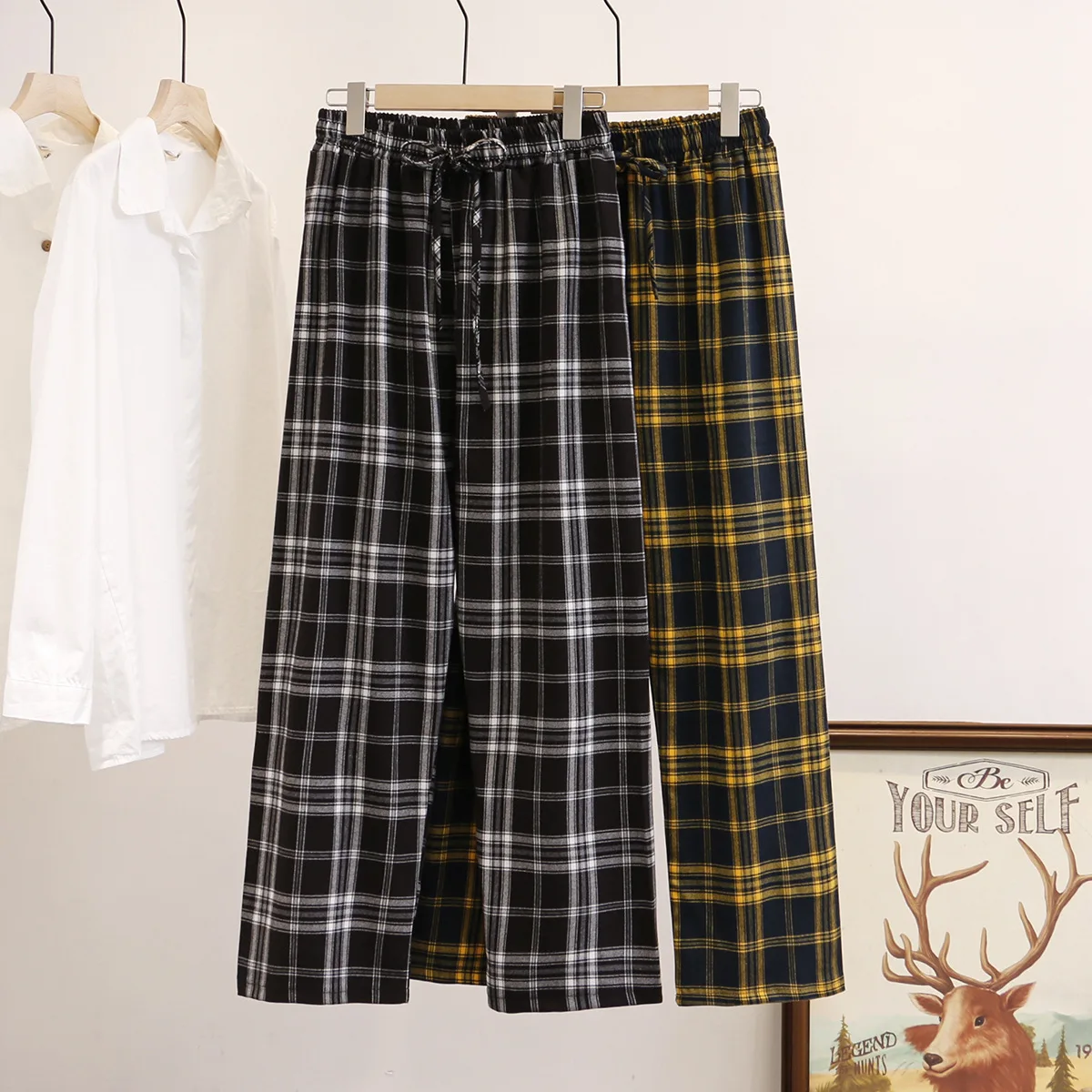 Клетчатые женские прямые брюки размера плюс повседневные с высокой талией весна