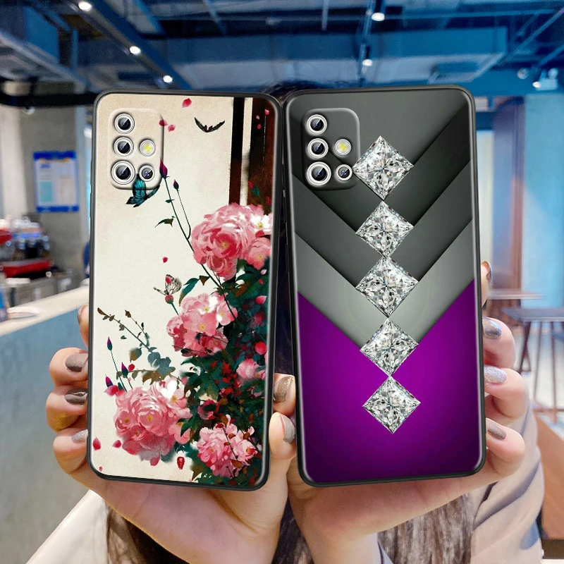 

Crystal Rhinestone Flower print For Samsung Galaxy A41 A31 A21S A21 A11 A03 A01 Core A91 A81 A71 A51 5G UW Black Phone Case