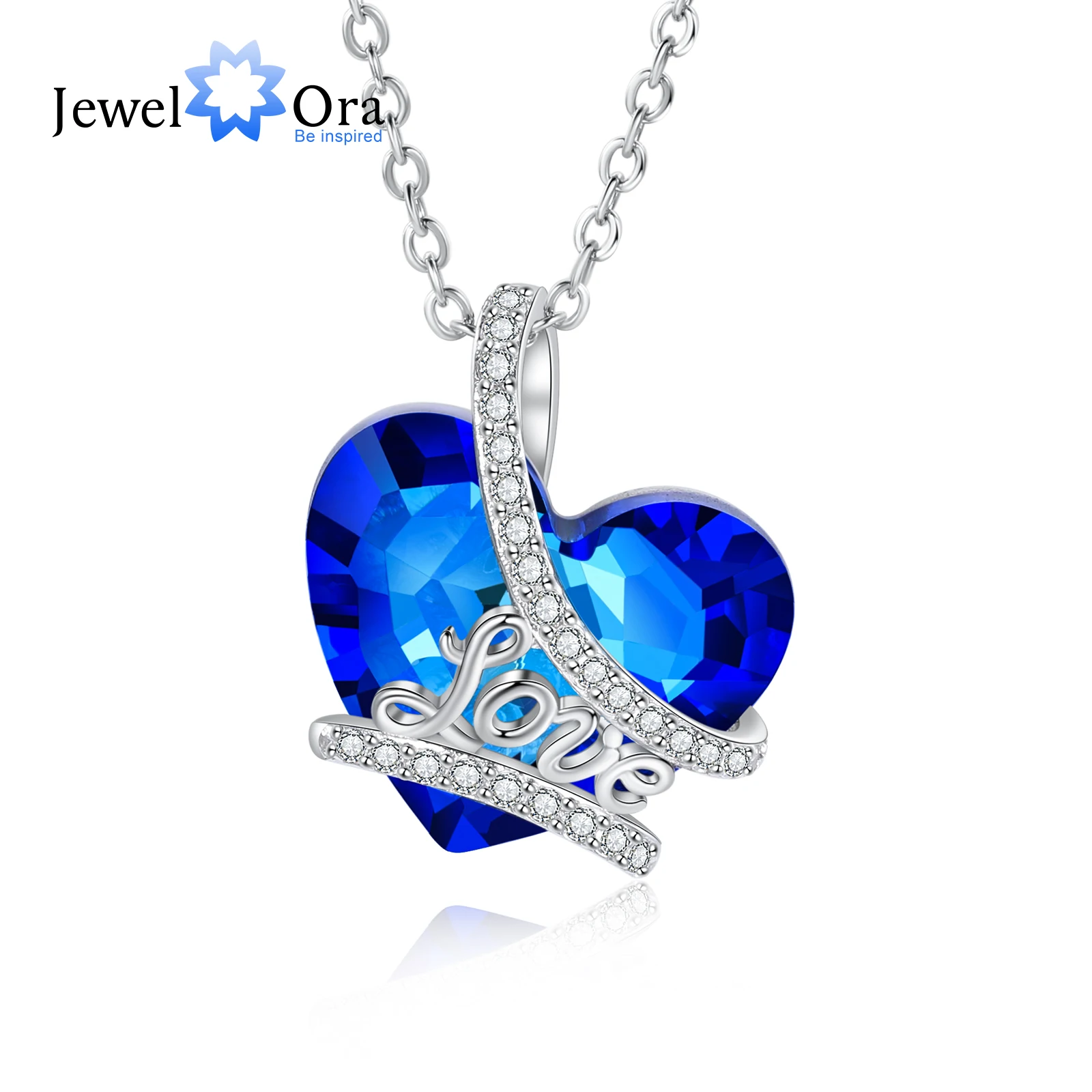 

JewelOra New Silver Color Cubic Zirconia Paved Love Pendant Classic Heart Blue Crystal Necklaces for Women Wedding Gifts