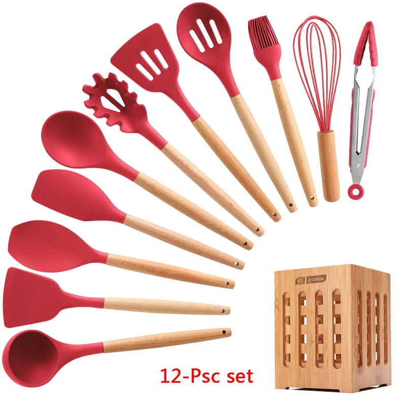 12-Pcs kitchen set 11-13 шт Силиконовая кухонная утварь набор кухонной утвари антипригарный шпатель Премиум деревянная ручка с ящиком для хранения кухонные инструменты - Цвет: 12-Pcs kitchen set