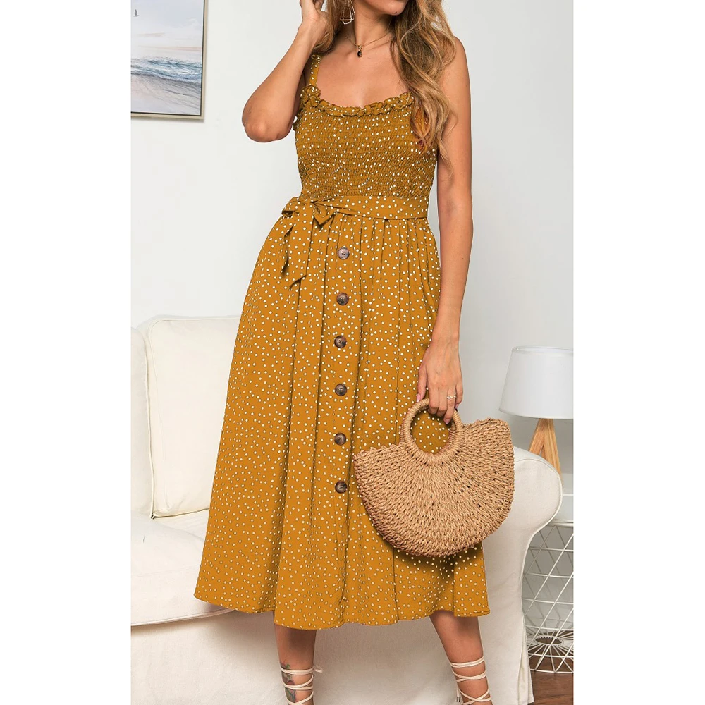 

Summer Ladies Casual Long Skirt Pure Color Floral Polka Dot Printing Sleeveless Ruffled Sling Dress Slim Sweet Style For Women