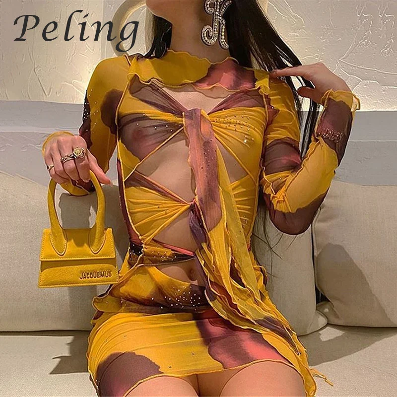 

Summer Printed Dress Women's Lace Up Fashion Mesh Sexy Long Sleeve Hollow Out Perspective Screen Bodycon Mini Dresses Vestidos